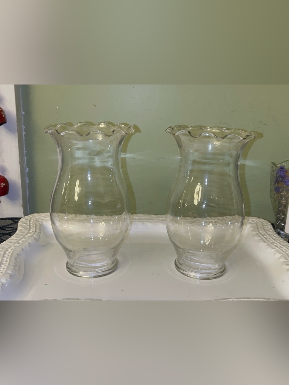 Clear glass ruffled-rim hurricane/chimney lamp shades Set of 2